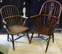 A 19th Century elm and beech stick back Windsor chair with crinoline stretcher,