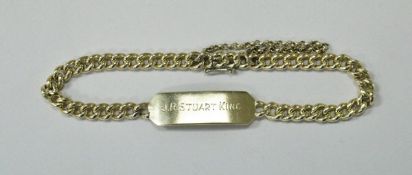 An 18 carat gold tag bracelet, engraved "J R Stuart-King Nat West Ripon Lansdowne Club W1" approx.