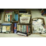 Five boxes of books relating to railways, trains, timetables,