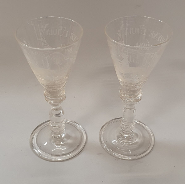 A pair of late 19th Century Williamite engraved funnel shaped wines inscribed "Boyne 1st July 1690