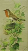 L H ACKERLEY "The Robin", a robin standing atop a moss covered stone surrounded by foliage,