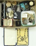 A box of various costume jewellery, two gold-coloured pocket watches, Commemorative coins,