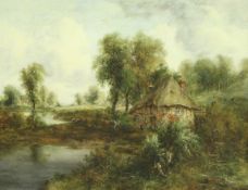 ATTRIBUTED F W WATTS "Thatched Cottage and Figures by Water's Edge", oil on canvas,