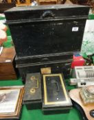 A collection of four various deed boxes, an AGFA Billy folding camera, a Yashica T3 movie camera,