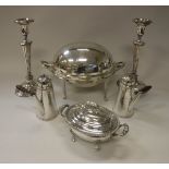 A pair of plated Adam design candlesticks, a pair of plated cafe au lait pots,