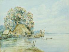 M C LARBAN "Burmese Lake Scene" watercolour,