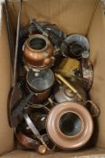 A box of various copper and brass ware including samovar, kettles, saucepans, scoops, skimmers etc.