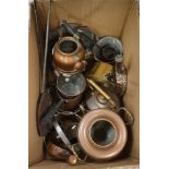 A box of various copper and brass ware including samovar, kettles, saucepans, scoops, skimmers etc.