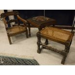 A child's Victorian elbow chair, an X framed stool,