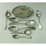 A late Georgian silver oval teapot stand, together with various Georgian and later tablespoons,