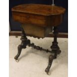 A Victorian walnut and inlaid work table (the chess top replaced),