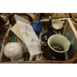 Two boxes of glass and china wares to include two vintage wine bottles,