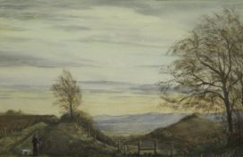 ALAN ENGLAND "Cotswold Way at Uley Bury", a landscape study with figure and dog in foreground,