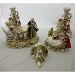 A collection of Sitzendorf porcelain including figure group of a pair of lovers with blackamoor