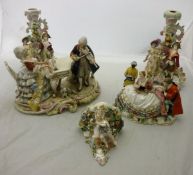 A collection of Sitzendorf porcelain including figure group of a pair of lovers with blackamoor