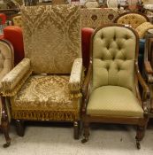 A Victorian mahogany show frame salon chair with buttoned back and pale green checked upholstery