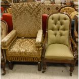 A Victorian mahogany show frame salon chair with buttoned back and pale green checked upholstery