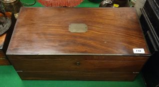 A Victorian mahogany and brass bound writing slope with Bramah lock and brass plaque inscribed "R d