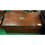 A Victorian mahogany and brass bound writing slope with Bramah lock and brass plaque inscribed "R d