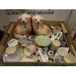 Two boxes of various china wares to include Staffordshire style Spaniels, coffee cans, posies, jugs,