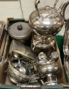 A box containing assorted plated wares to include a spirit kettle on stand with burner,