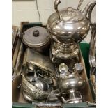 A box containing assorted plated wares to include a spirit kettle on stand with burner,