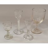 An 18th Century wine glass with ogee bowl on a plain stem with double series opaque twist
