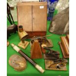 A Victorian desktop stationery cabinet, brass candle reading lamp by A Barrett & Sons of Piccadilly,