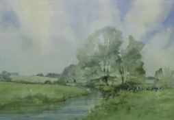 ANDY LE POIDEVIN "In the Quiet of Morning Cricklade", a landscape depicting cows by a river,