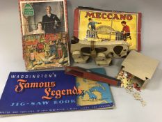 A box of various toys and books to include Waddingtons Famous Legends jigsaw, Schuco Mouse,