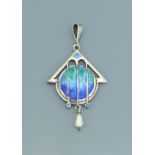 An Edwardian silver and enamelled pendant with freshwater pearl drop (by James Fenton,