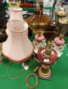 Two brass oil lamps, two brass lantern type table lamps,