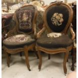 Two Victorian mahogany salon chairs with needlework backs and seats,