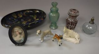 A box of various glass and china wares including a Royal Stanley ware Jacobean floral pattern oval