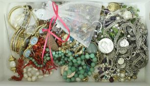 A box of assorted vintage and other costume jewellery to include enamelled fish charms,