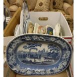 A box containing various decorative plates and serving dishes including a stoneware "Wild Rose"