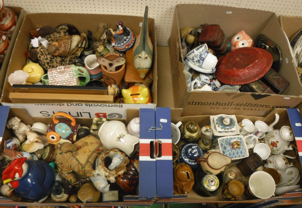 Six boxes of various china wares and ornaments to include teapots, animal figures, plates,