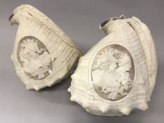Two 19th Century Roman School cameo carved conch shells decorated with Classical figures