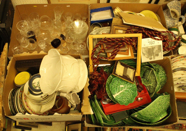 Six boxes of miscellaneous household china and glass to include cabbage plates,