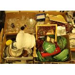 Six boxes of miscellaneous household china and glass to include cabbage plates,