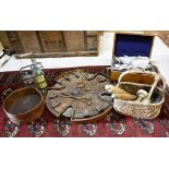 An oak circular table top game with mallets, various sieves, rolling pins, bottle holder etc,