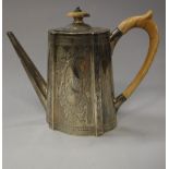 A Victorian silver and engraved hot water jug of tapering form (by John Edward Bingham and Charles