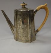 A Victorian silver and engraved hot water jug of tapering form (by John Edward Bingham and Charles