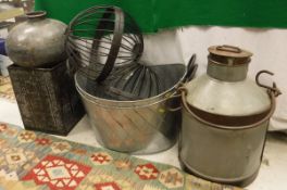 A milk churn, graduated set of three galvanised waste paper bins and a riveted galvanised water pot,