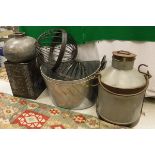 A milk churn, graduated set of three galvanised waste paper bins and a riveted galvanised water pot,