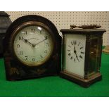 A circa 1900 French brass cased carriage clock and a black lacquered and chinoiserie decorated