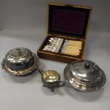 A box containing assorted plated wares to include muffin dishes, stilton scoop, etc,
