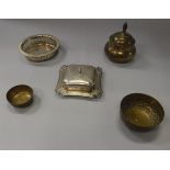 A box of assorted metal wares to include cutlery, oil lamp, brass magazine holder, etc,