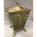 A William Tonk & Son lidded brass coal bucket of square taperring form,