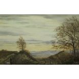 ALAN ENGLAND "Cotswold Way at Uley Bury", a landscape study with figure and dog in foreground,